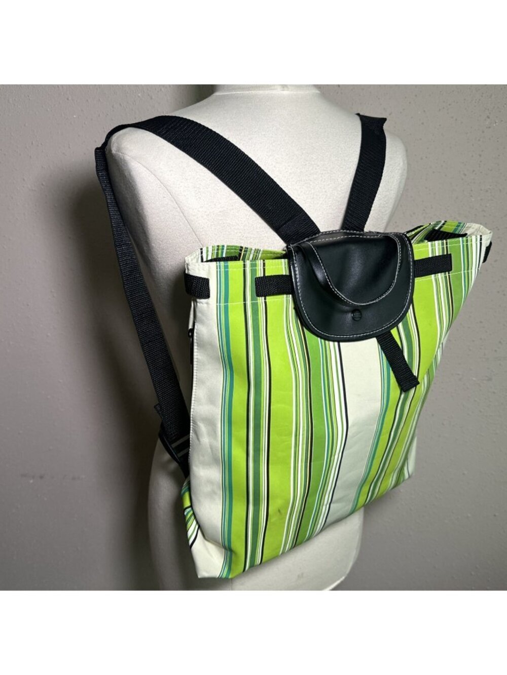 Twos Company Stripe Packable Beach Backpack Tote Vegan Green Black